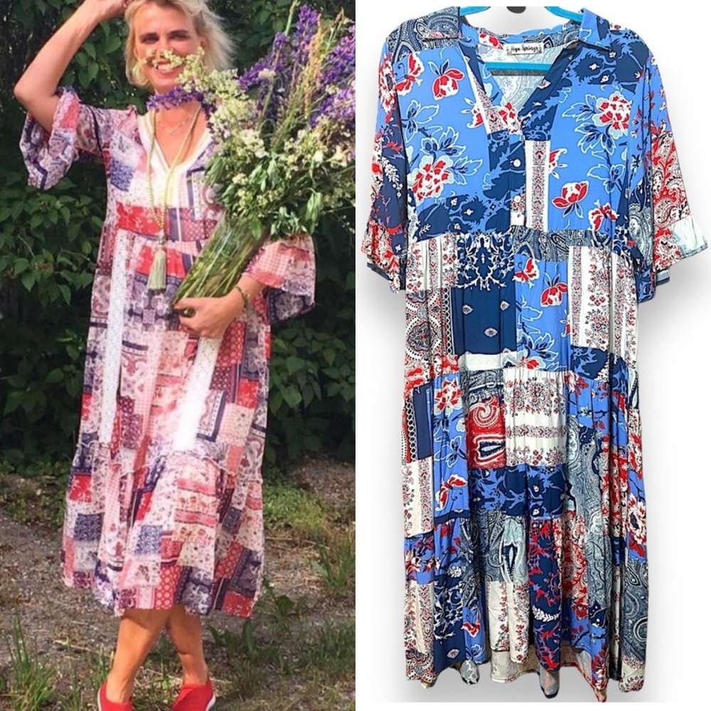 Tiered Floral Patchwork Print Midi Shirt Shift Dress House Dress